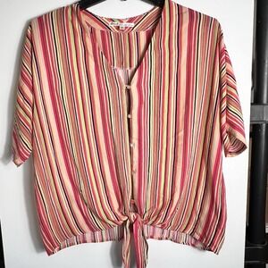 Seven7 Rayon‎ Button Front Tie Hem Top Medium Multicolor Striped Boho Summer